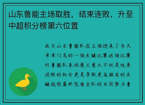 山东鲁能主场取胜，结束连败，升至中超积分榜第六位置